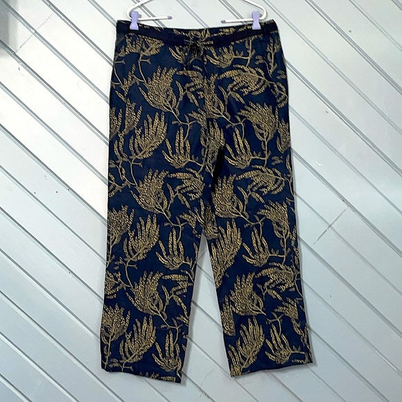 Orvis 100% Linen Navy and Gold Leaf Print Wide Leg Pants - Picture 1 of 10